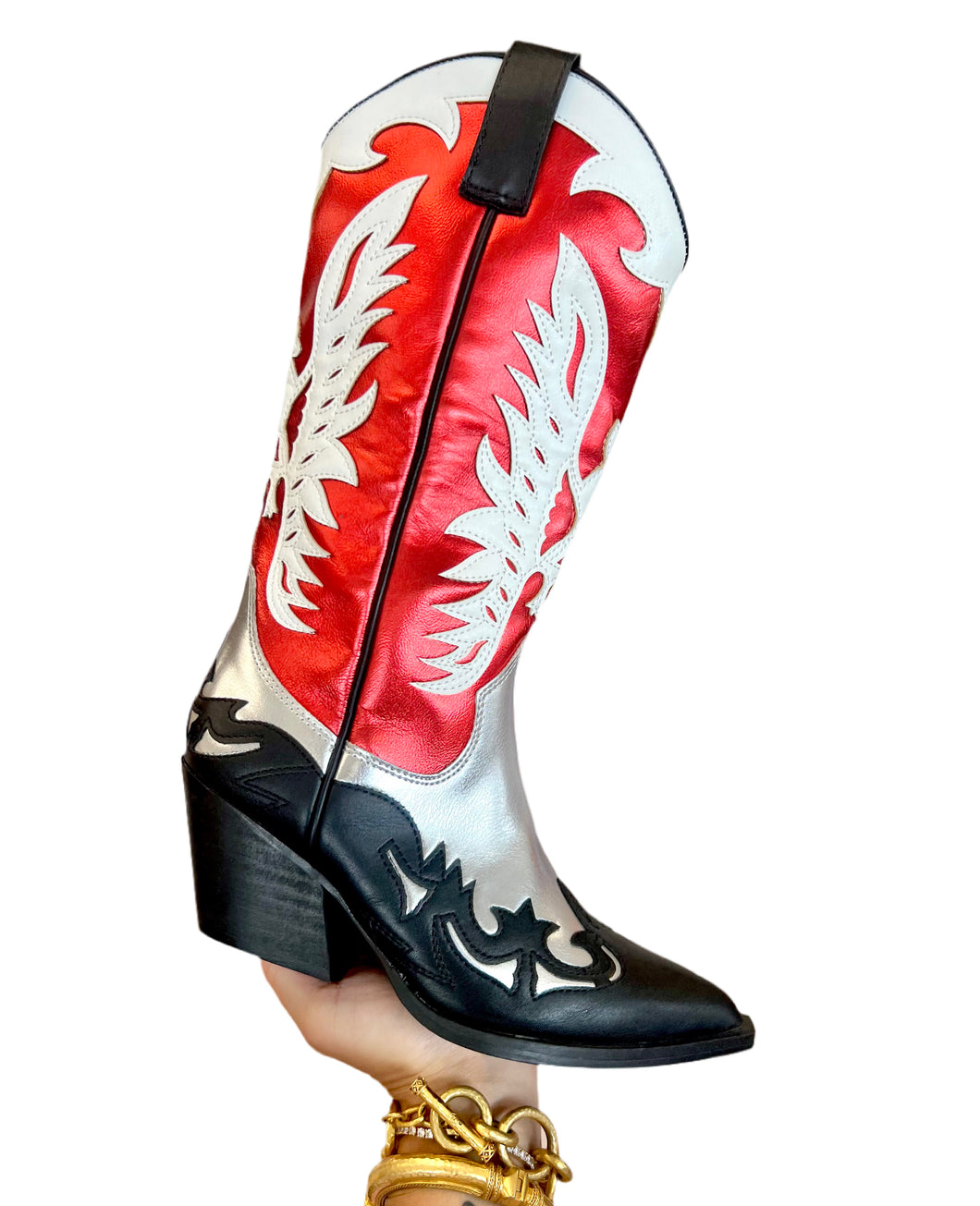 Red black silver boots