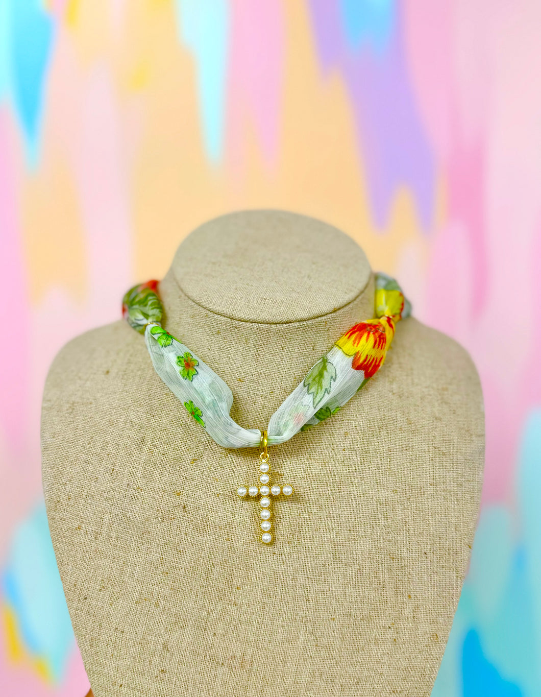 Floral pearl cross hart designs necklace- hart designs