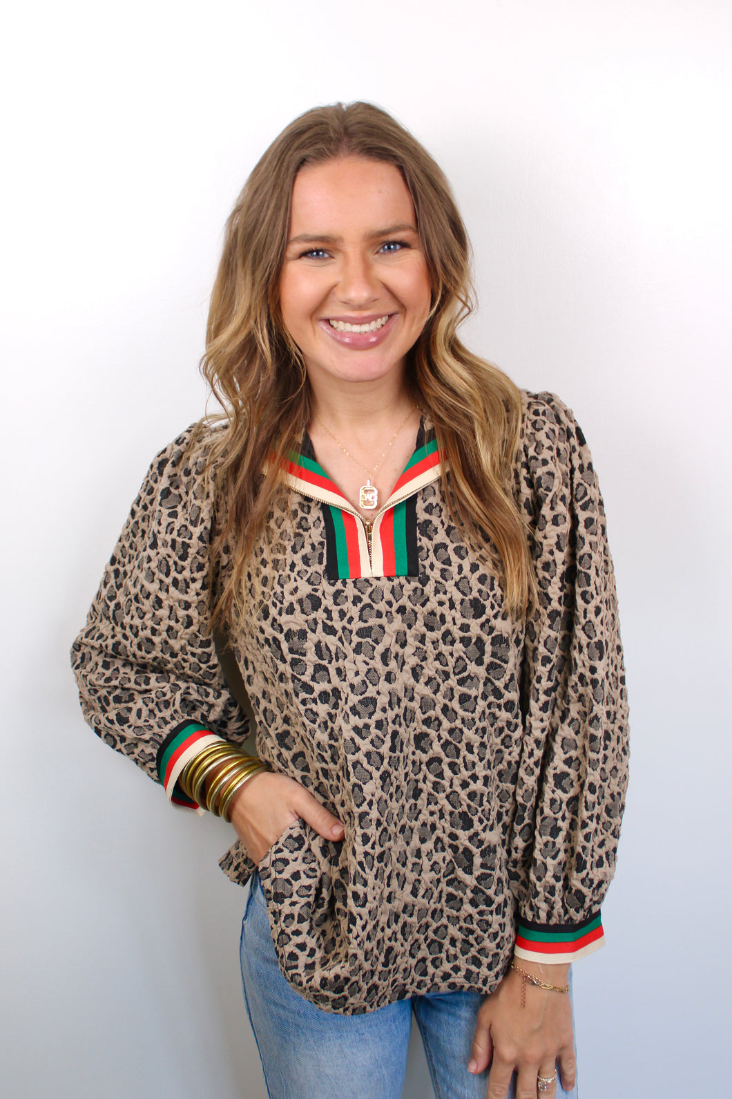 Leopard red green zip top