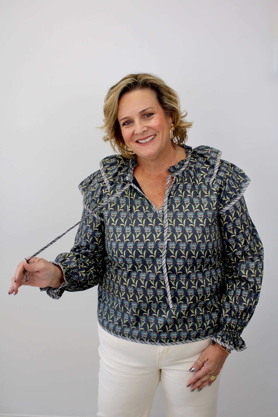 Navy floral ruffle top