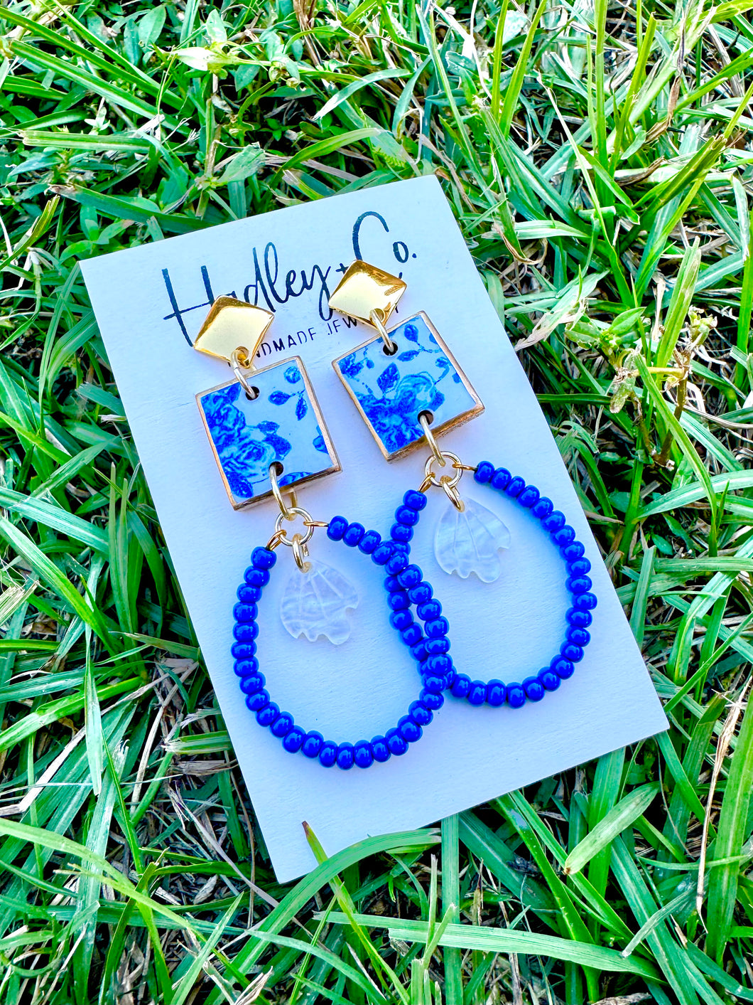 Blue floral beaded Hadley + co earrings