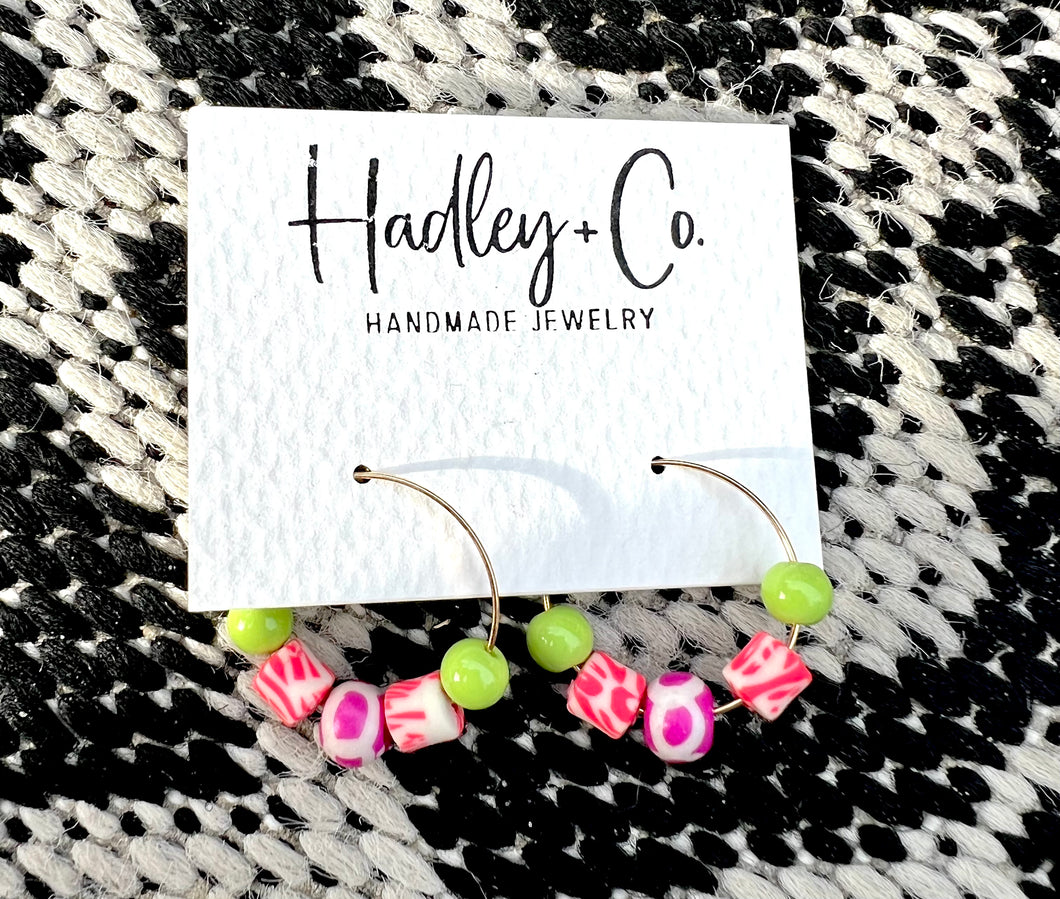 Green pink coral beaded Hadley + co hoop earrings
