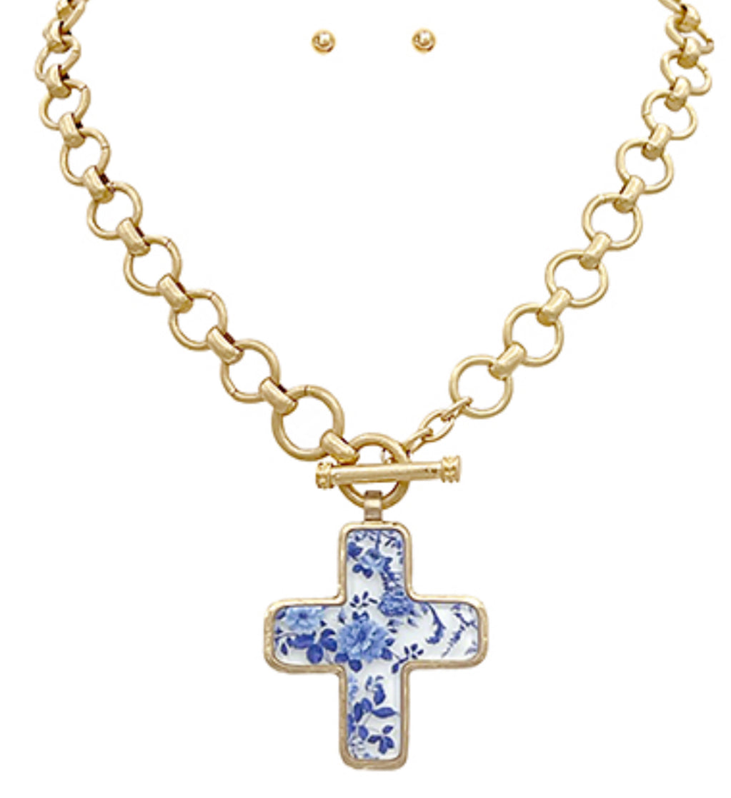 Blue floral cross necklace