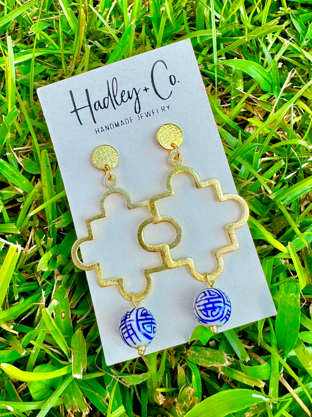 Gold clover blue white Hadley +co earrings