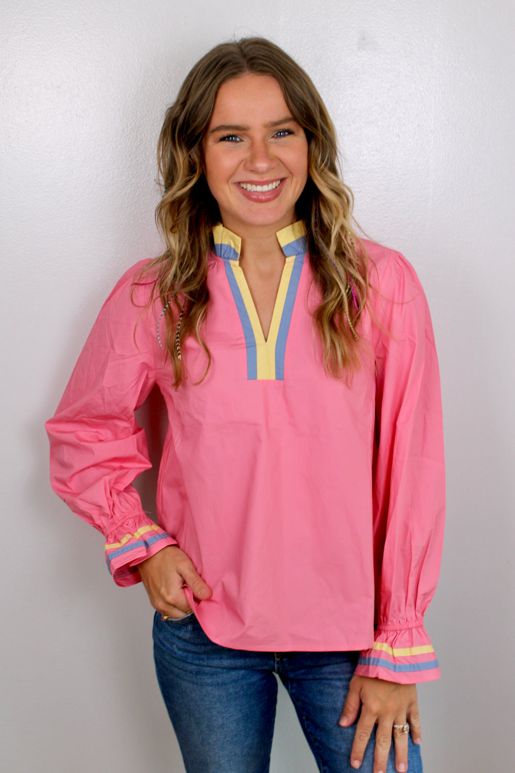 Pink yellow blue long sleeve top
