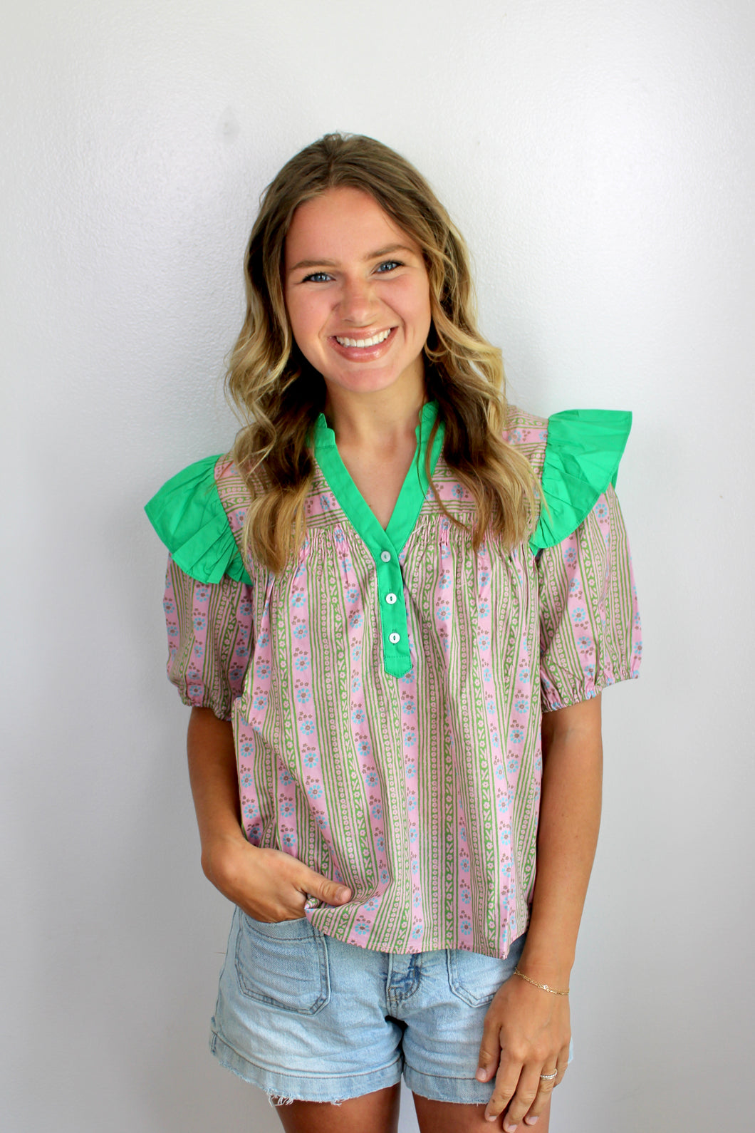 Floral Green ruffle top