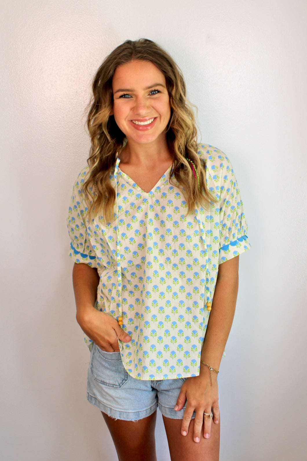 Floral printed blue green top