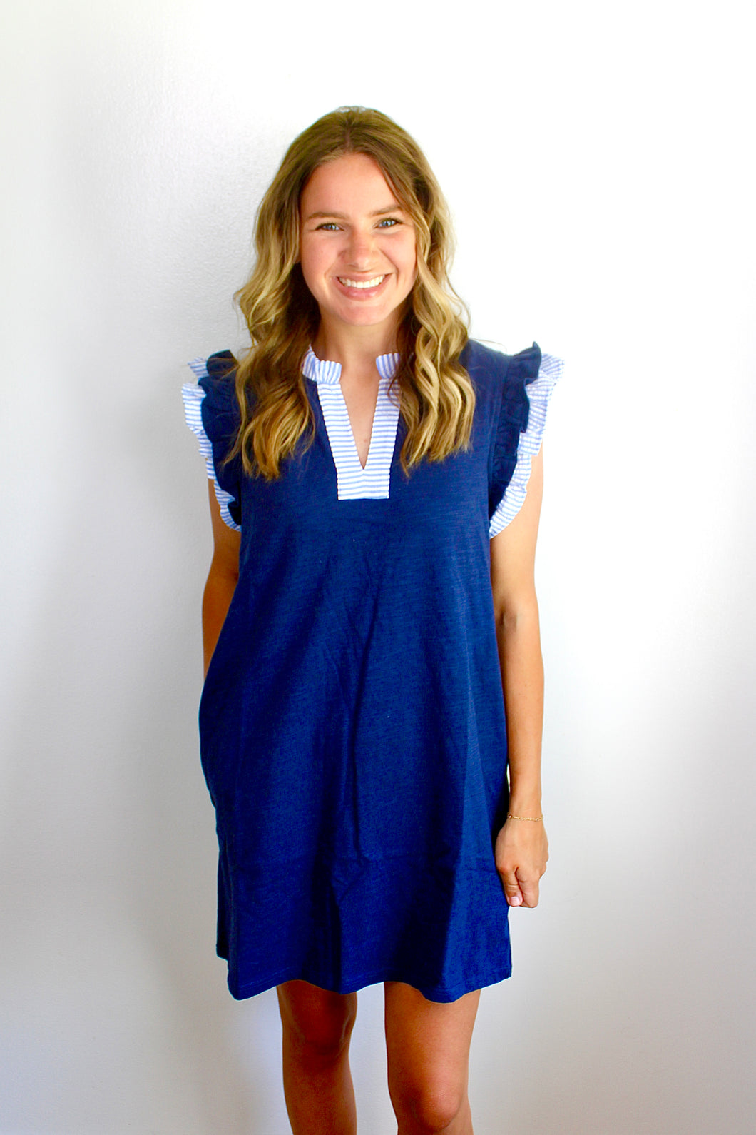 Navy stripe ruffle dress