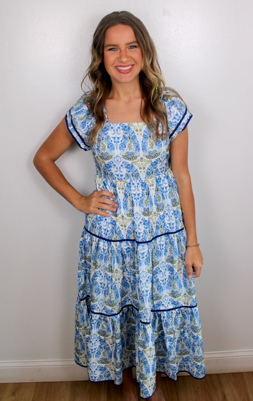 Blue trim floral midi dress