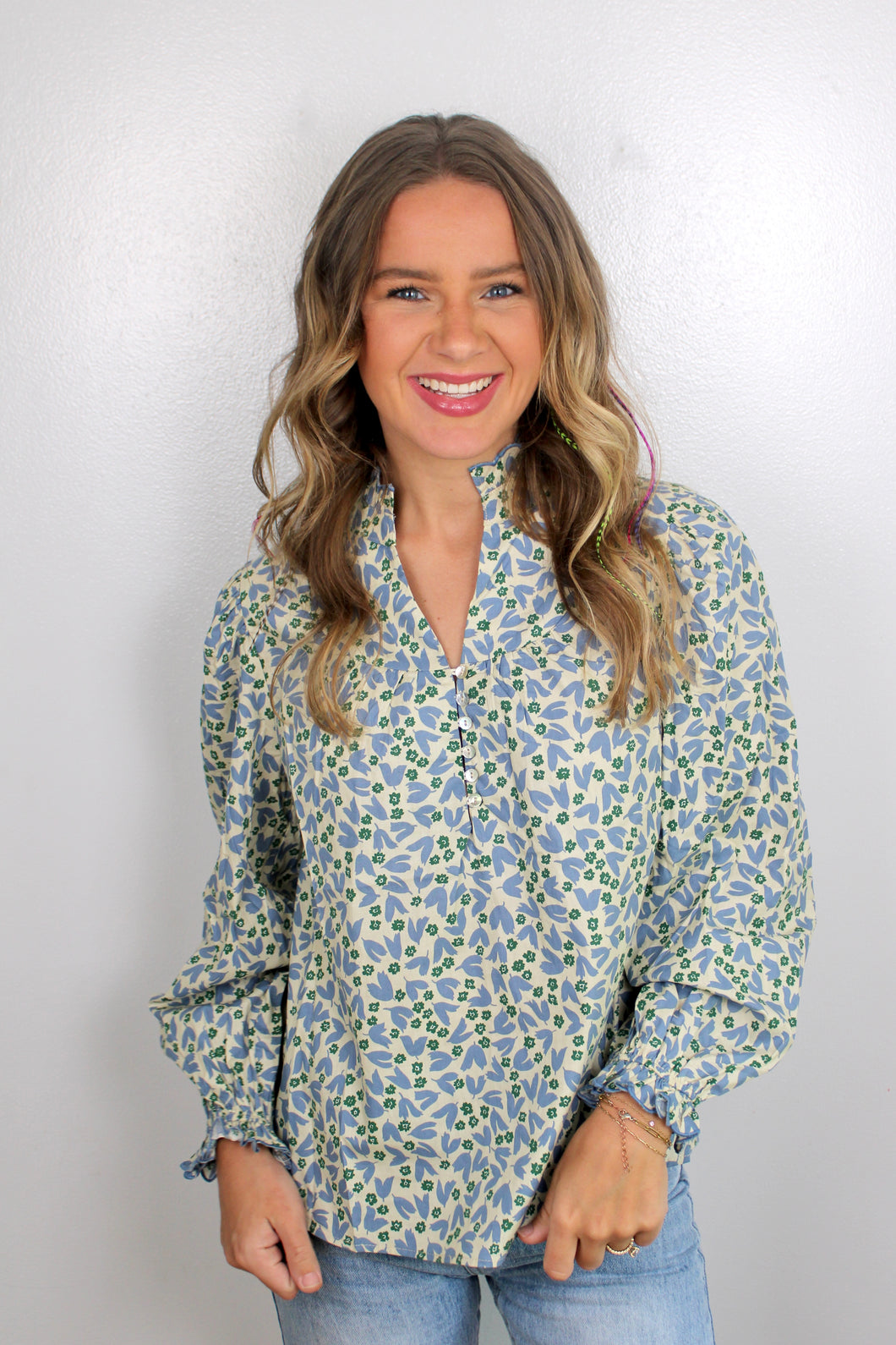 Beige blue floral top