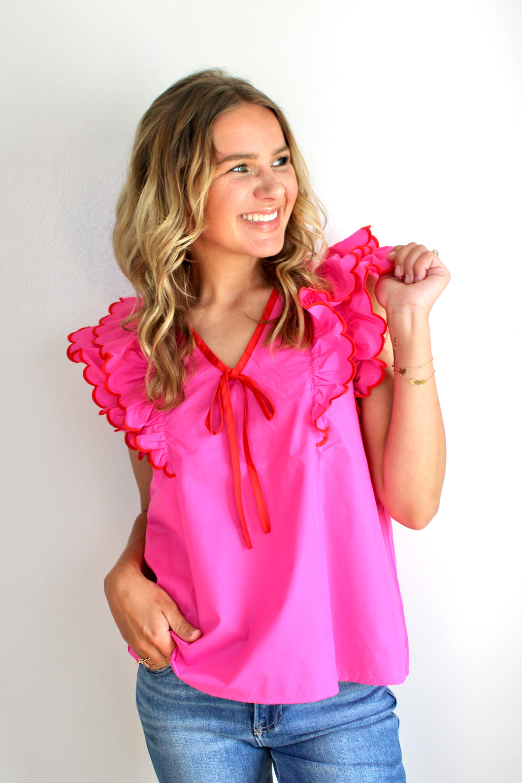 Red pink ruffle top