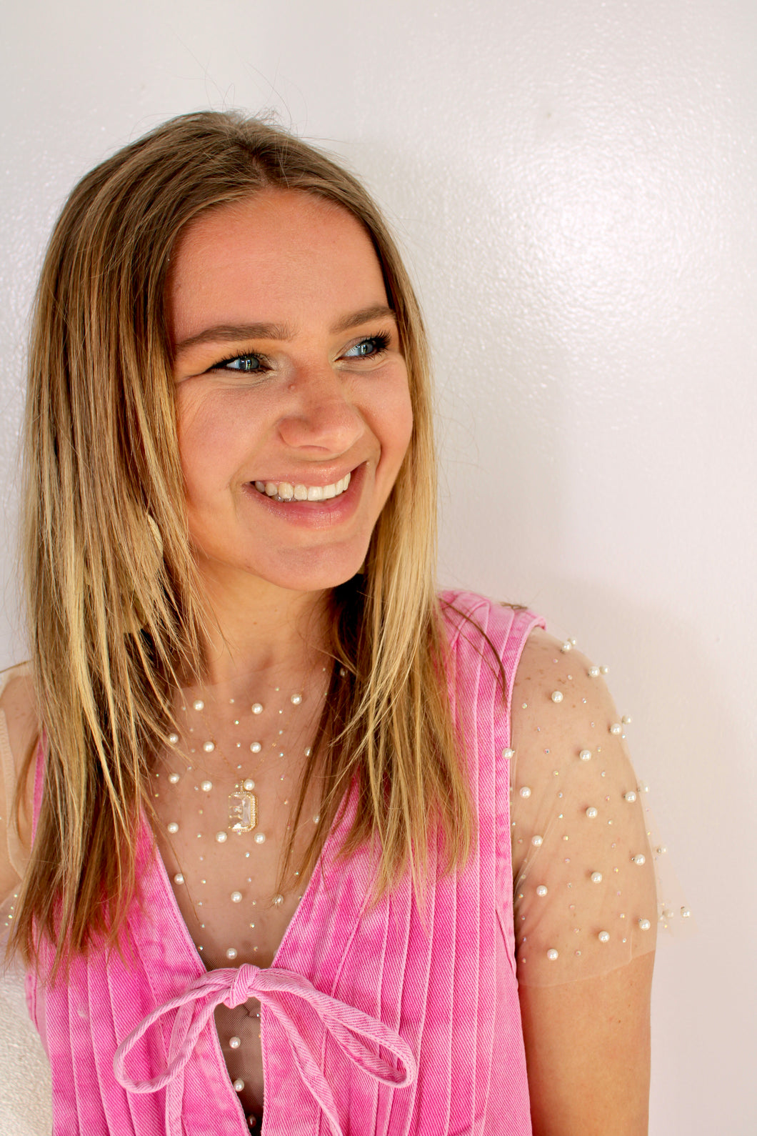 Nude pearl short sleeve mesh top