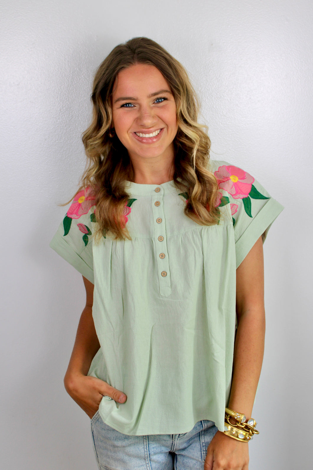 Sage embroidered top