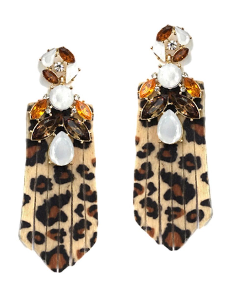 Leather leopard stoned earrings