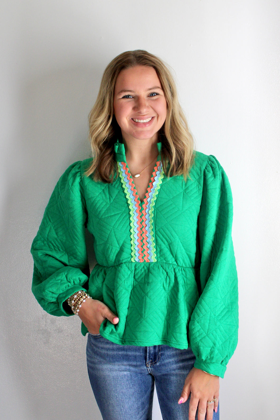 Green babydoll embroidered top