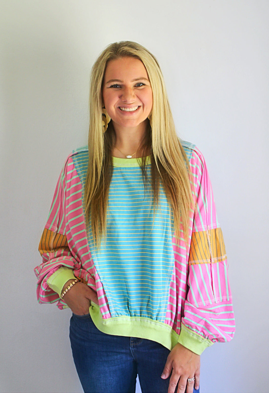 Pink blue orange lime pullover top