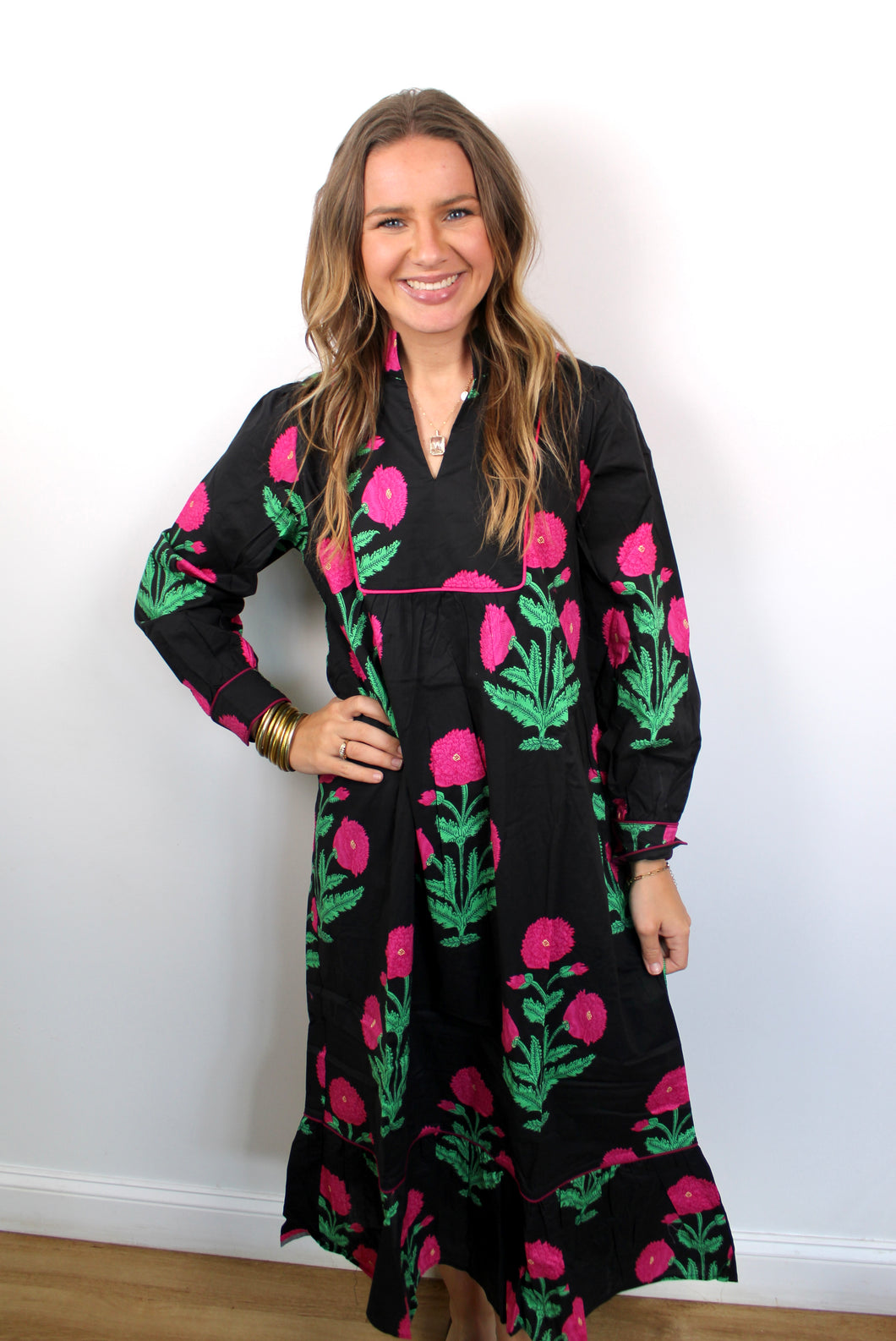 Black pink floral dress