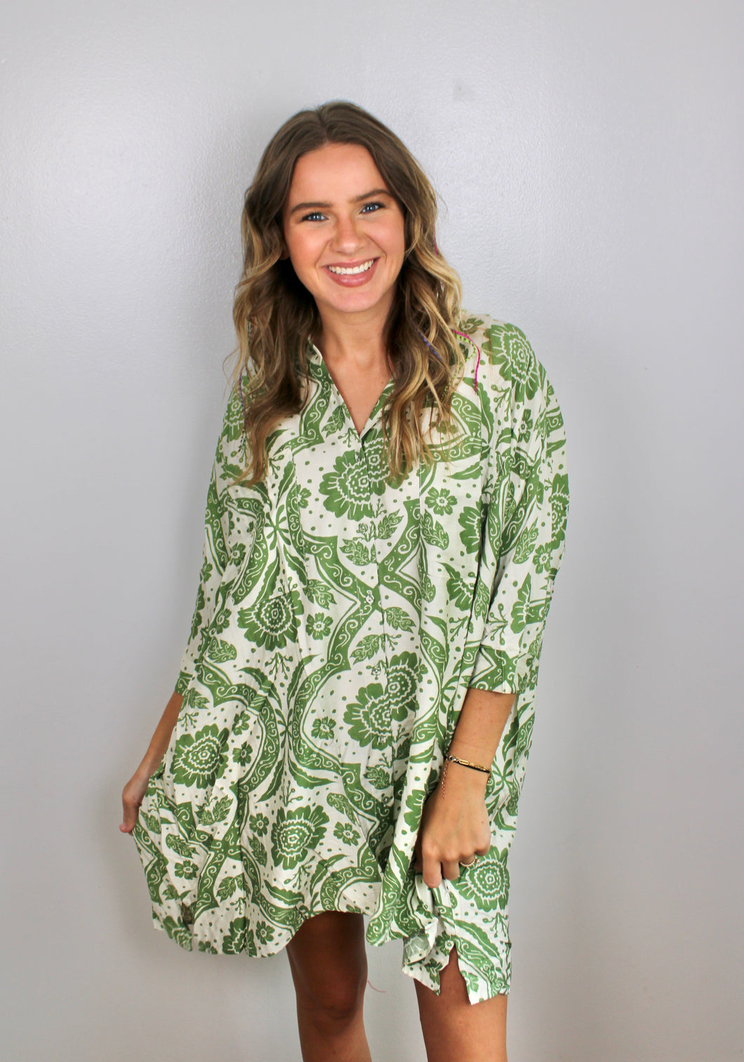 Green floral button dress