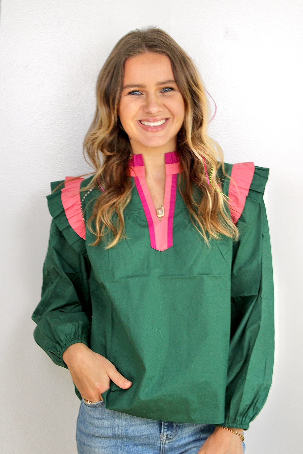 Hunter Green pink ruffle top