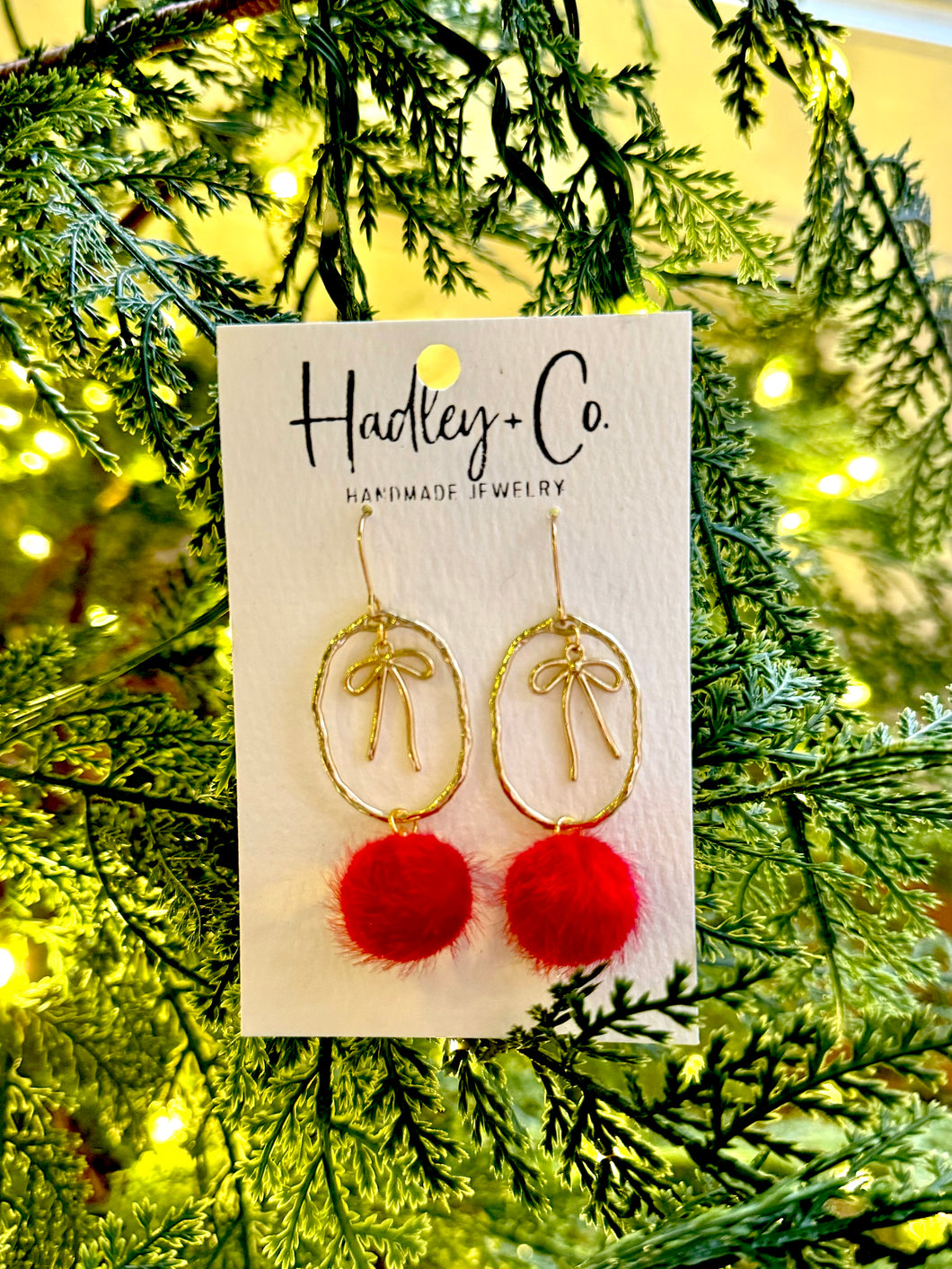 Gold bow red pom Hadley + co earrings