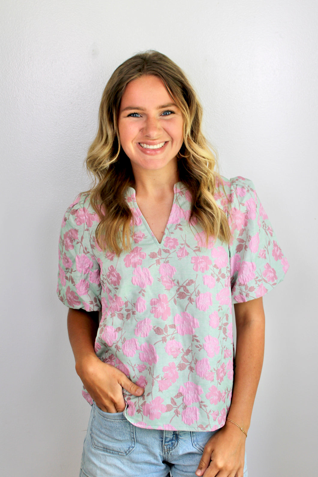 Pink metallic floral top