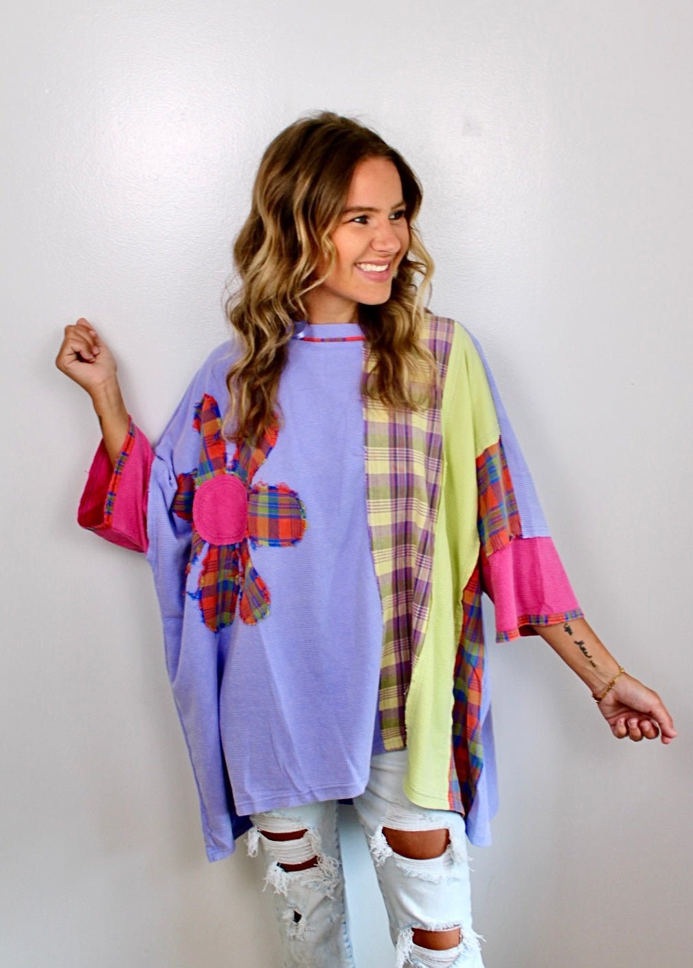 Flower plaid colorblock top