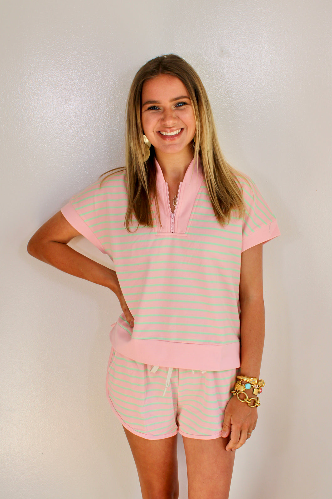 Green pink stripe zip set