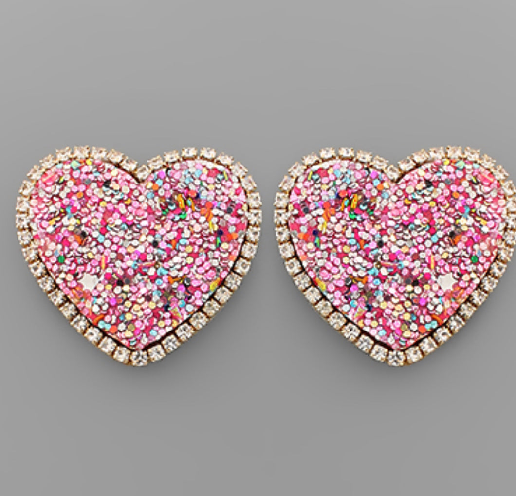 Glitter confetti pink heart studs