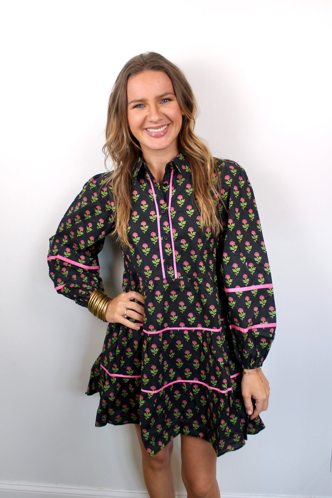 Black pink green button dress
