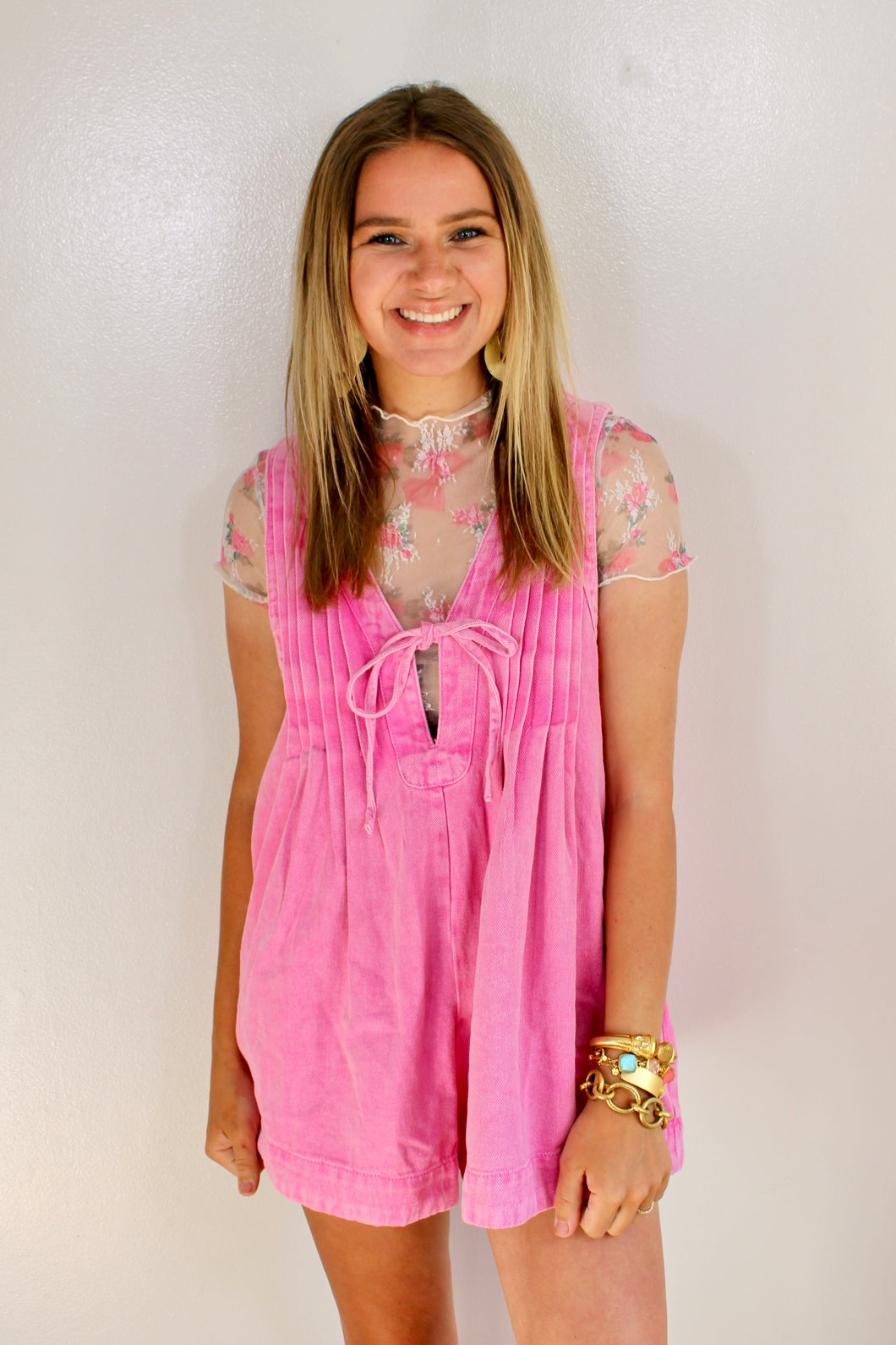 Pink denim romper