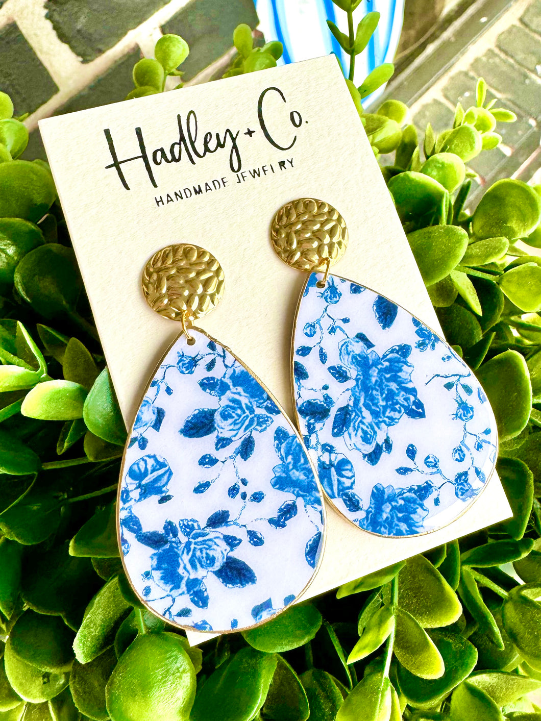 Blue floral tear drop Hadley + co earrings