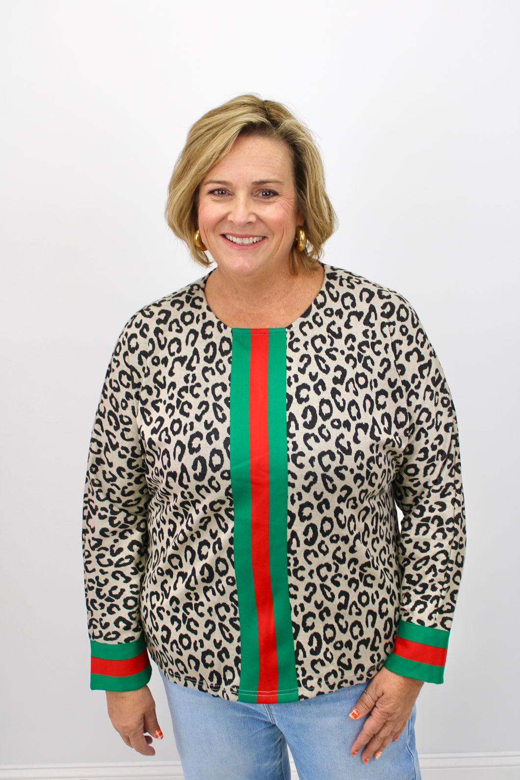 Red green leopard top