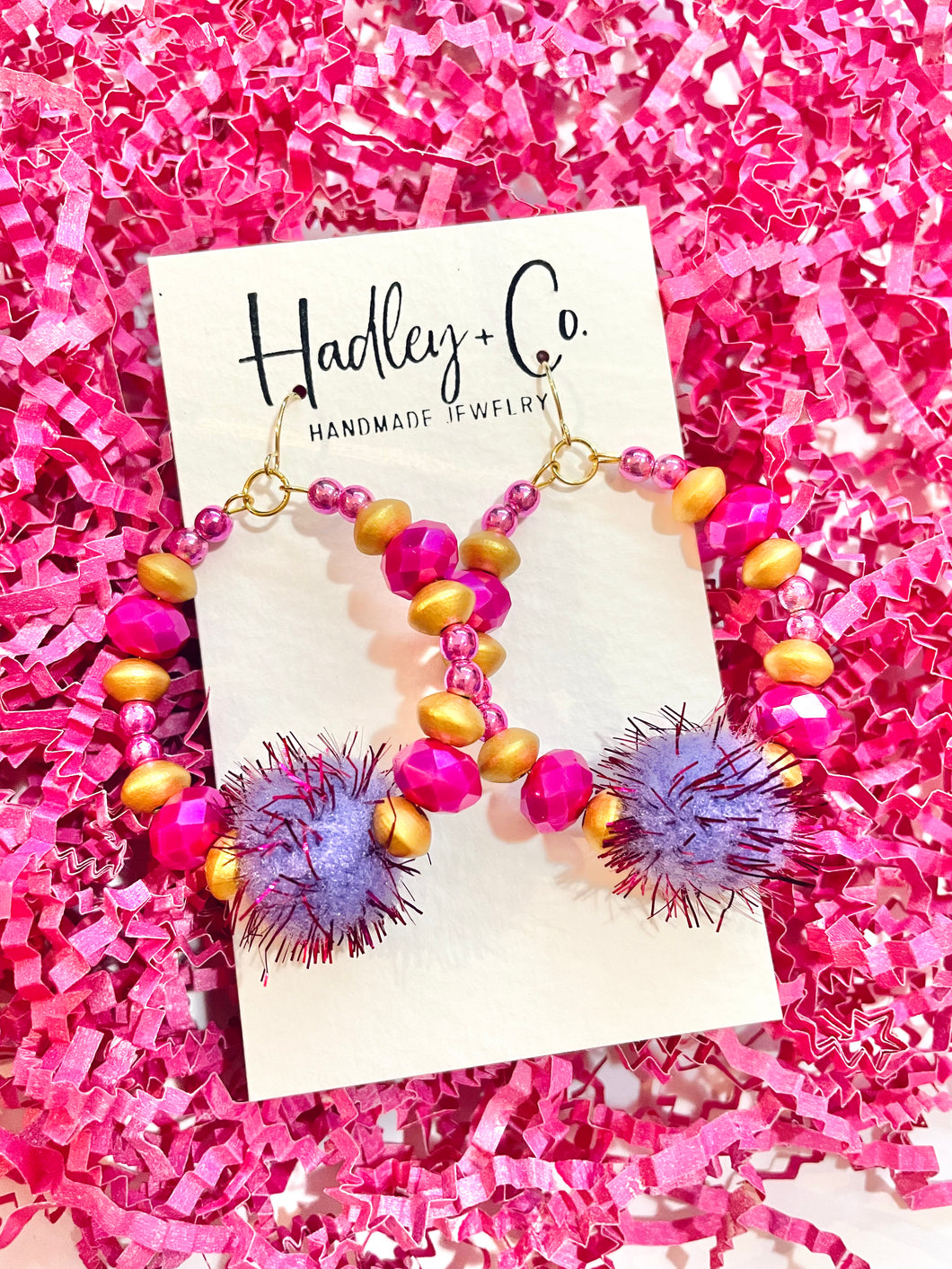 Pink gold purple pom Hadley + co earrings