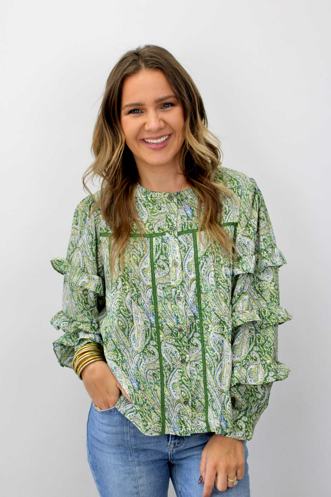 Green flutter sleeve top
