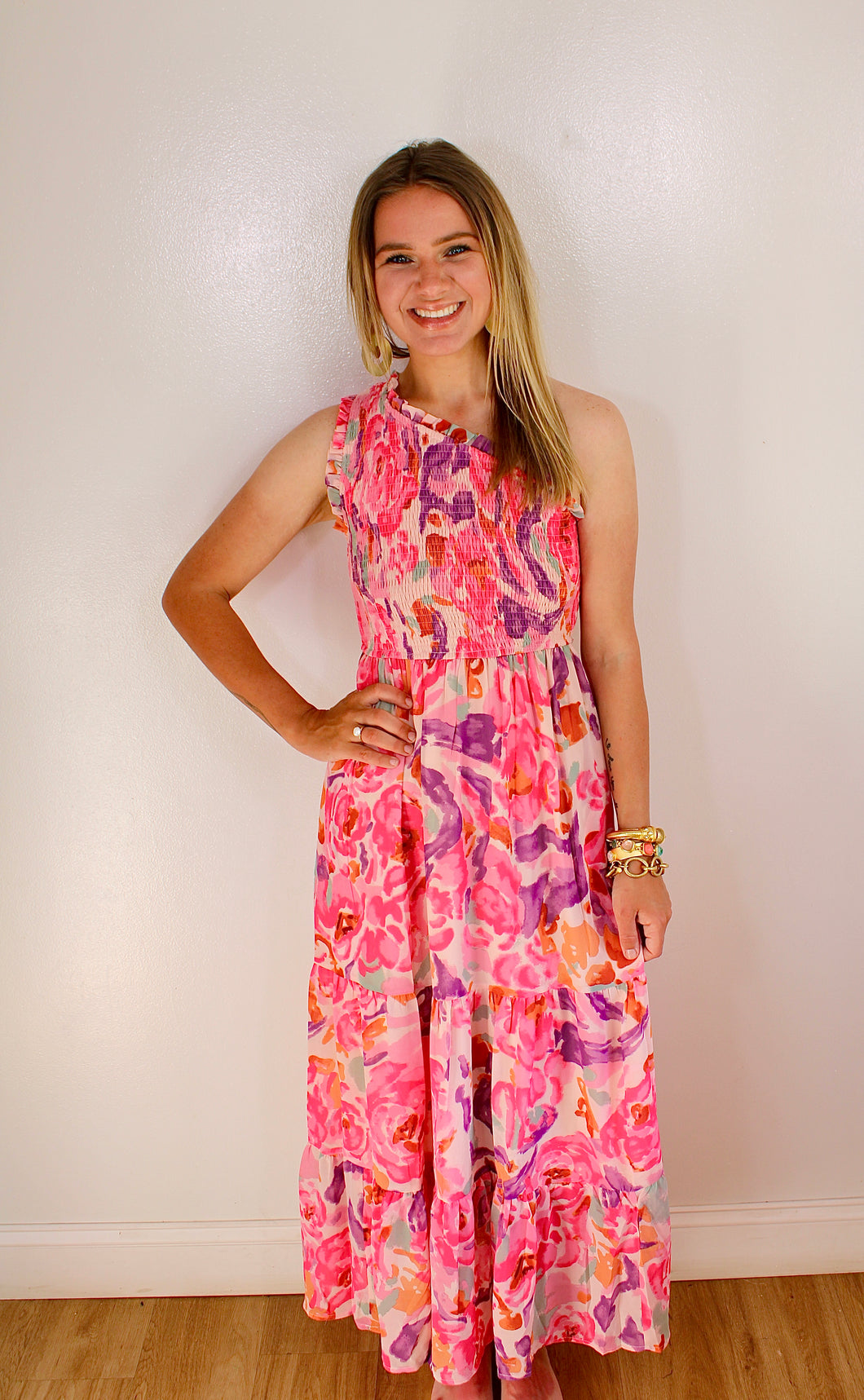 Floral smocked one shoulder dress