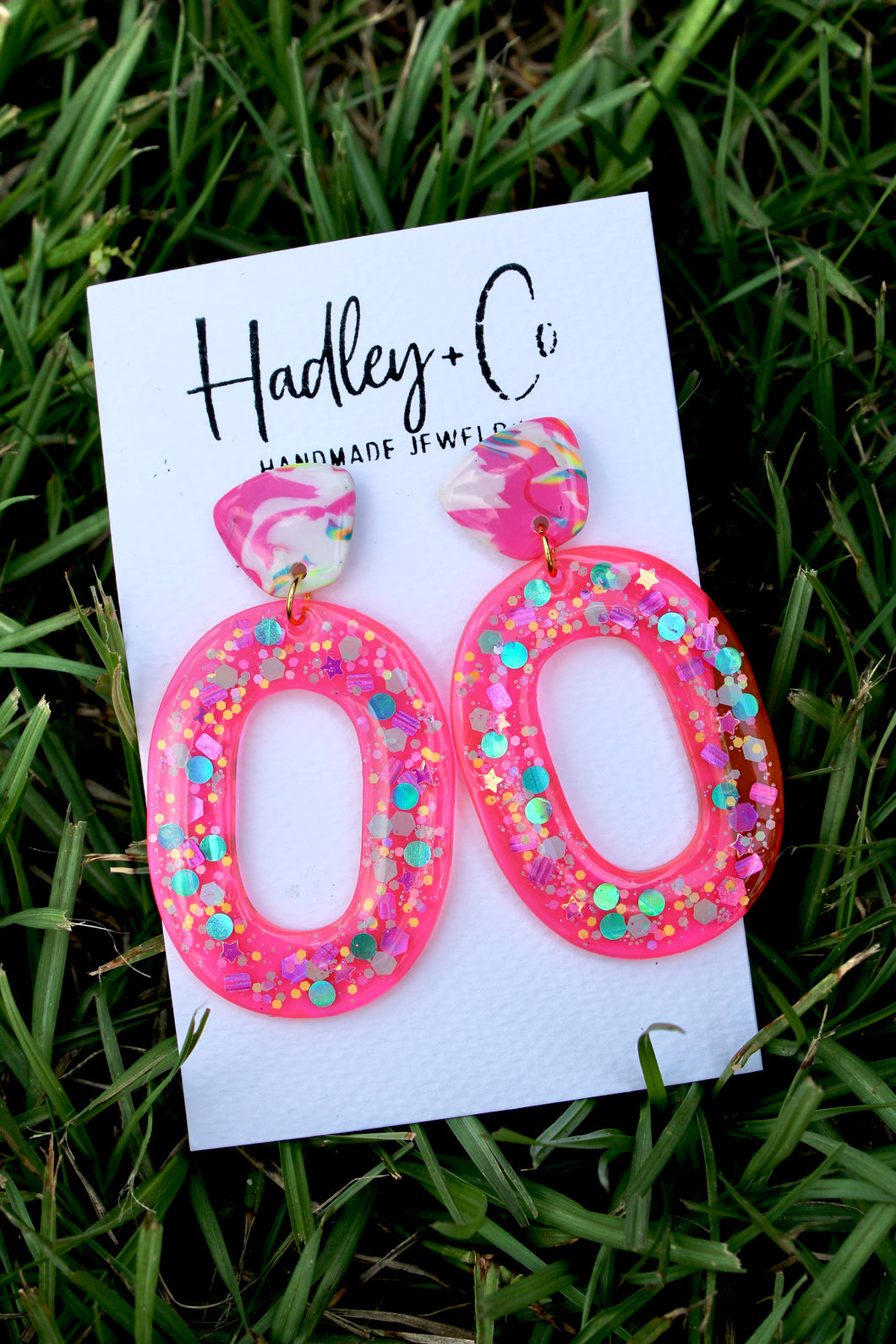 Neon pink confetti oval Hadley + co earrings