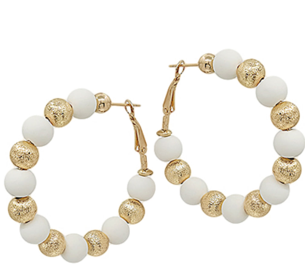 White gold beaded hoop earrings