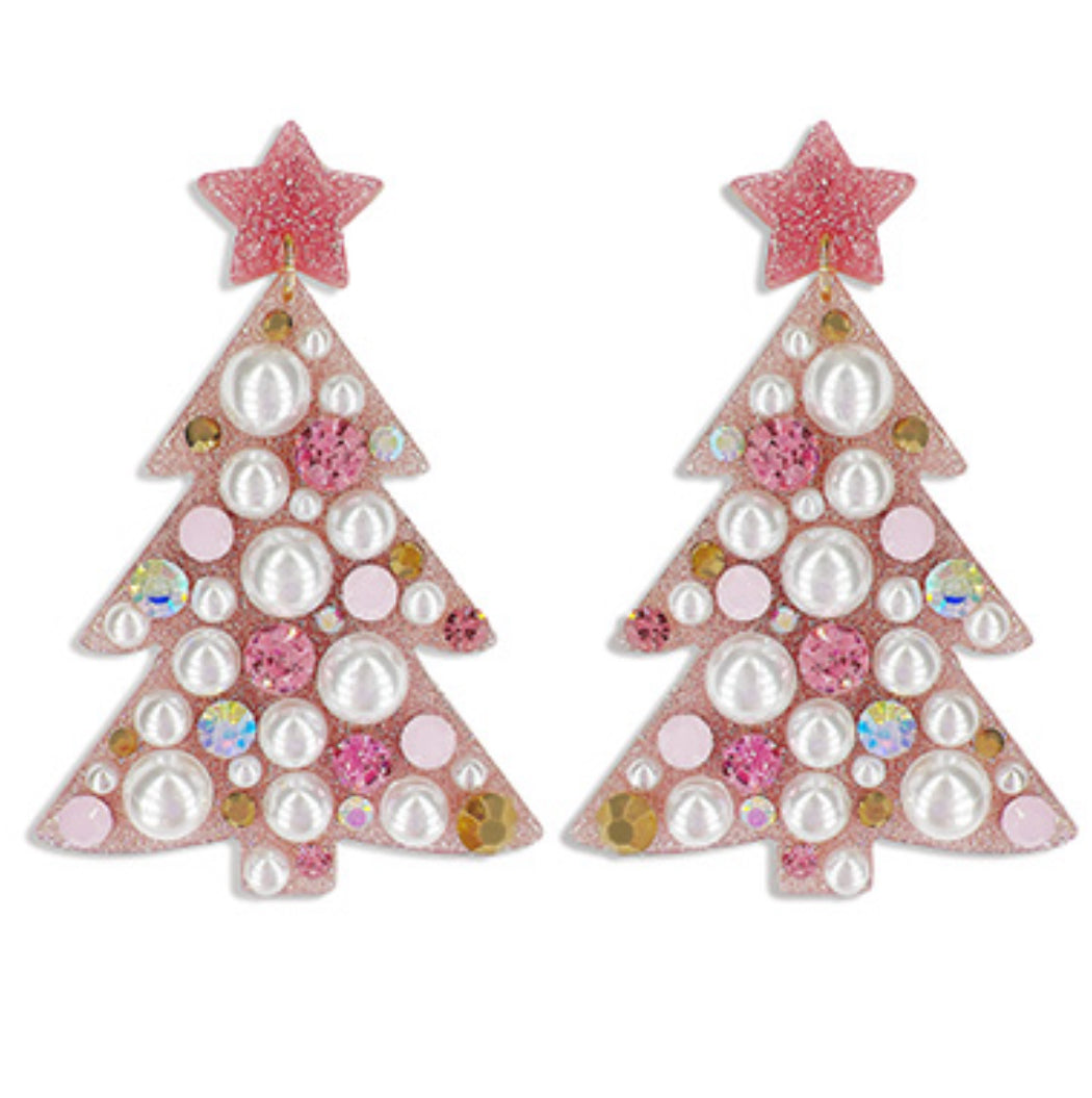 Pink jeweled tree earrings