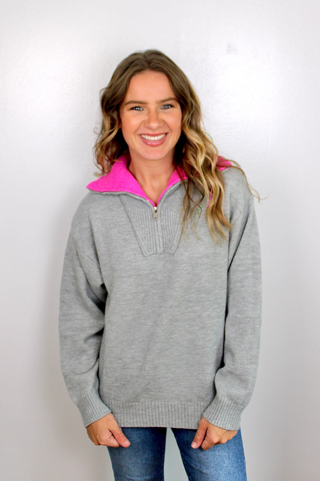 Grey pink zip pullover