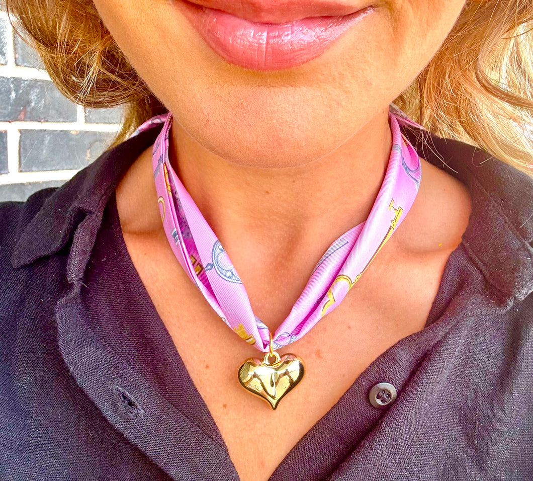 Pink puff heart scarf necklace- hart designs