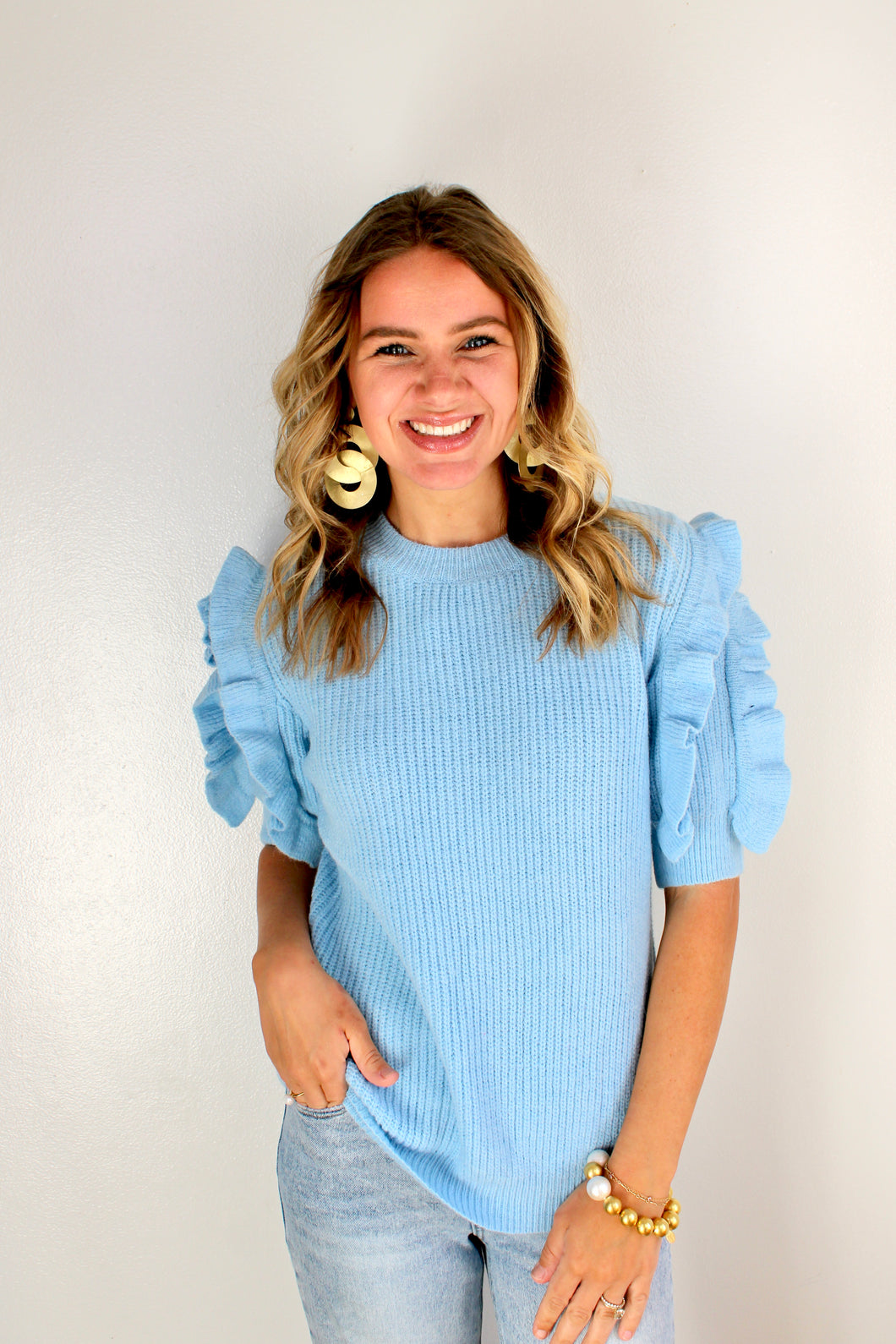 Light blue ruffle sleeve top