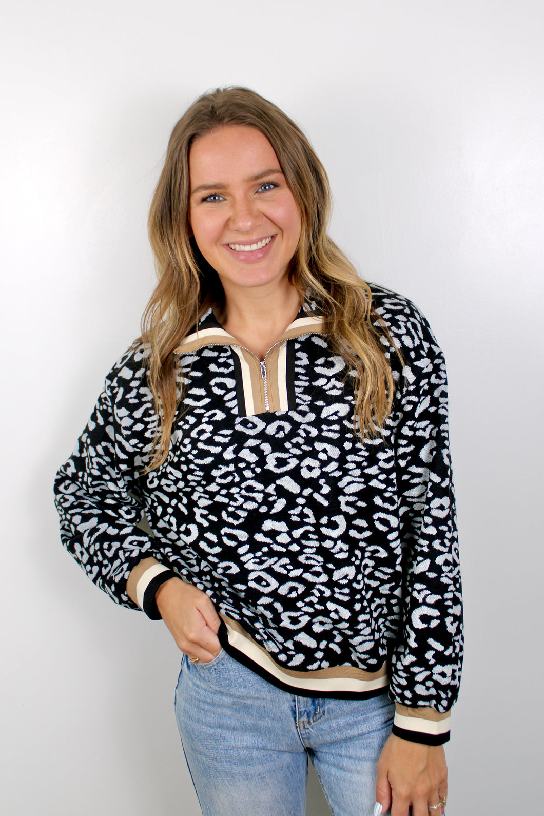 Black leopard tan zip top