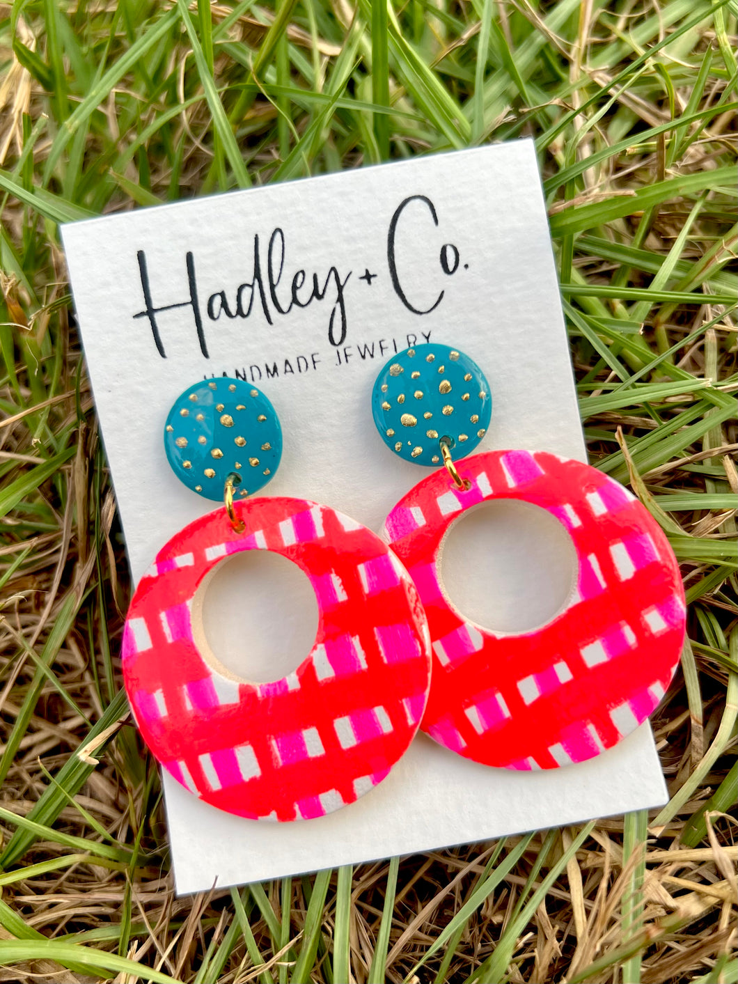 Teal pink plaid Hadley + co earrings