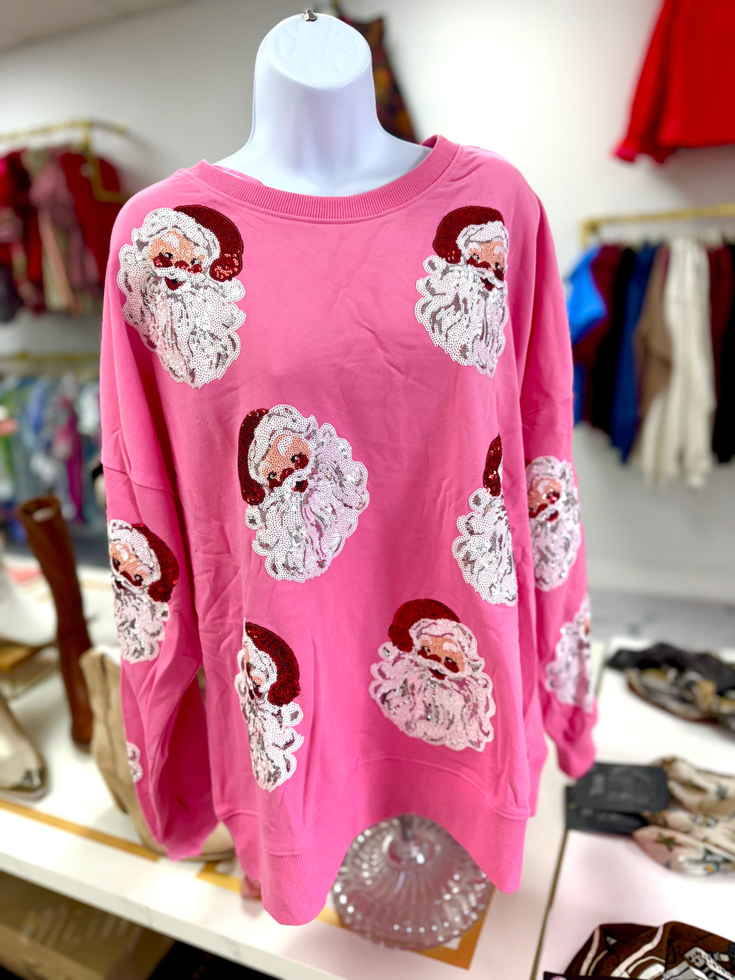 Pink sequin Santa pullover top