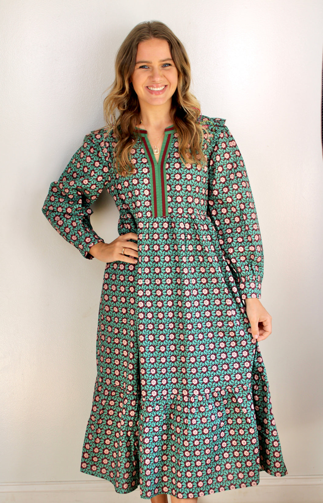 Green accent midi dress