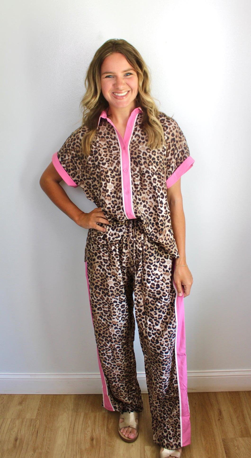 Pink leopard pants set