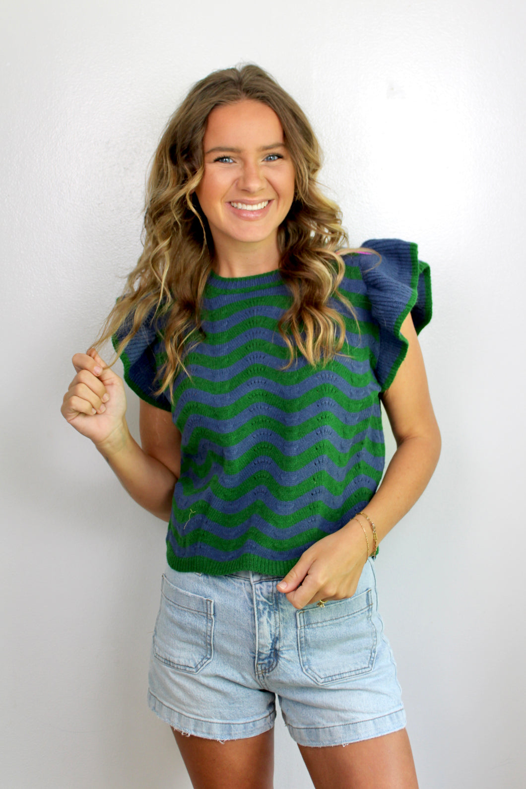 Green blue flutter sleeve top