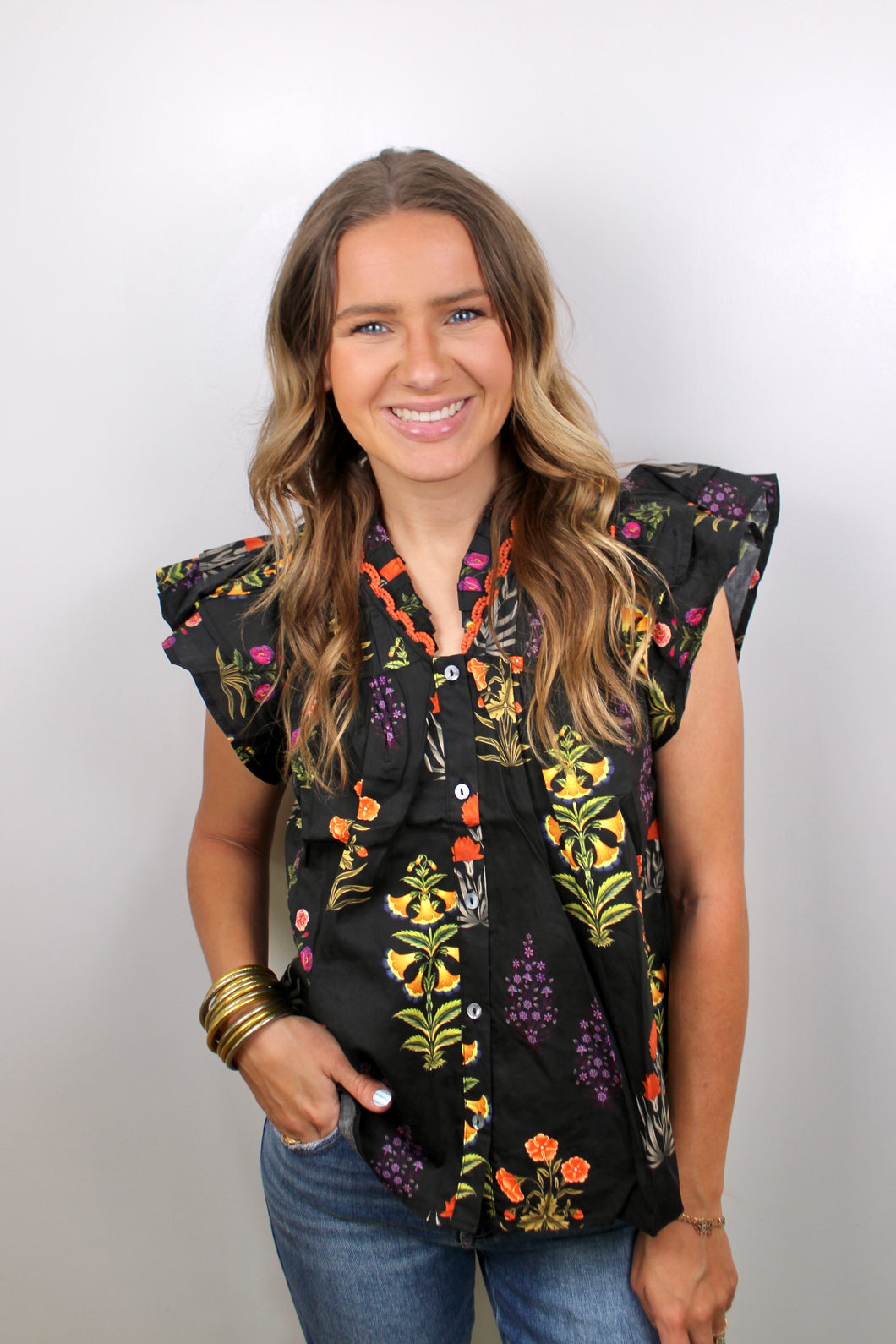 Black ruffle sleeve floral top