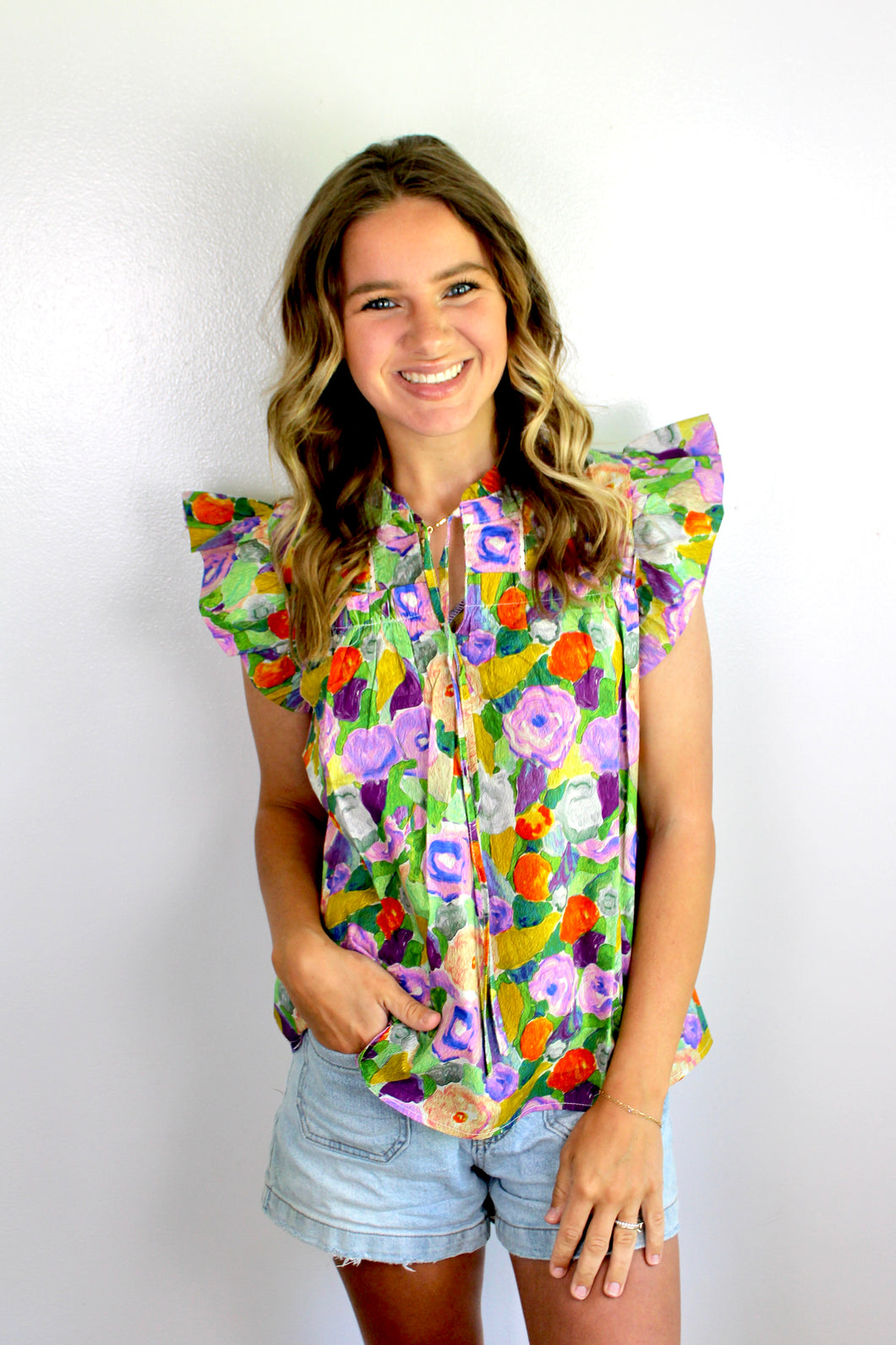 Green purple multi floral top
