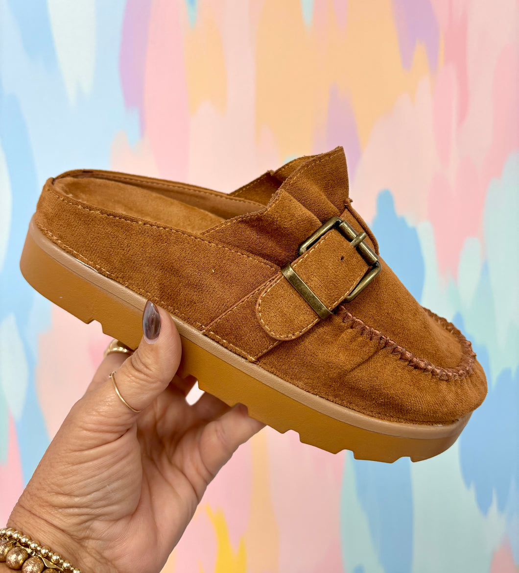 Tan slide on buckle shoes